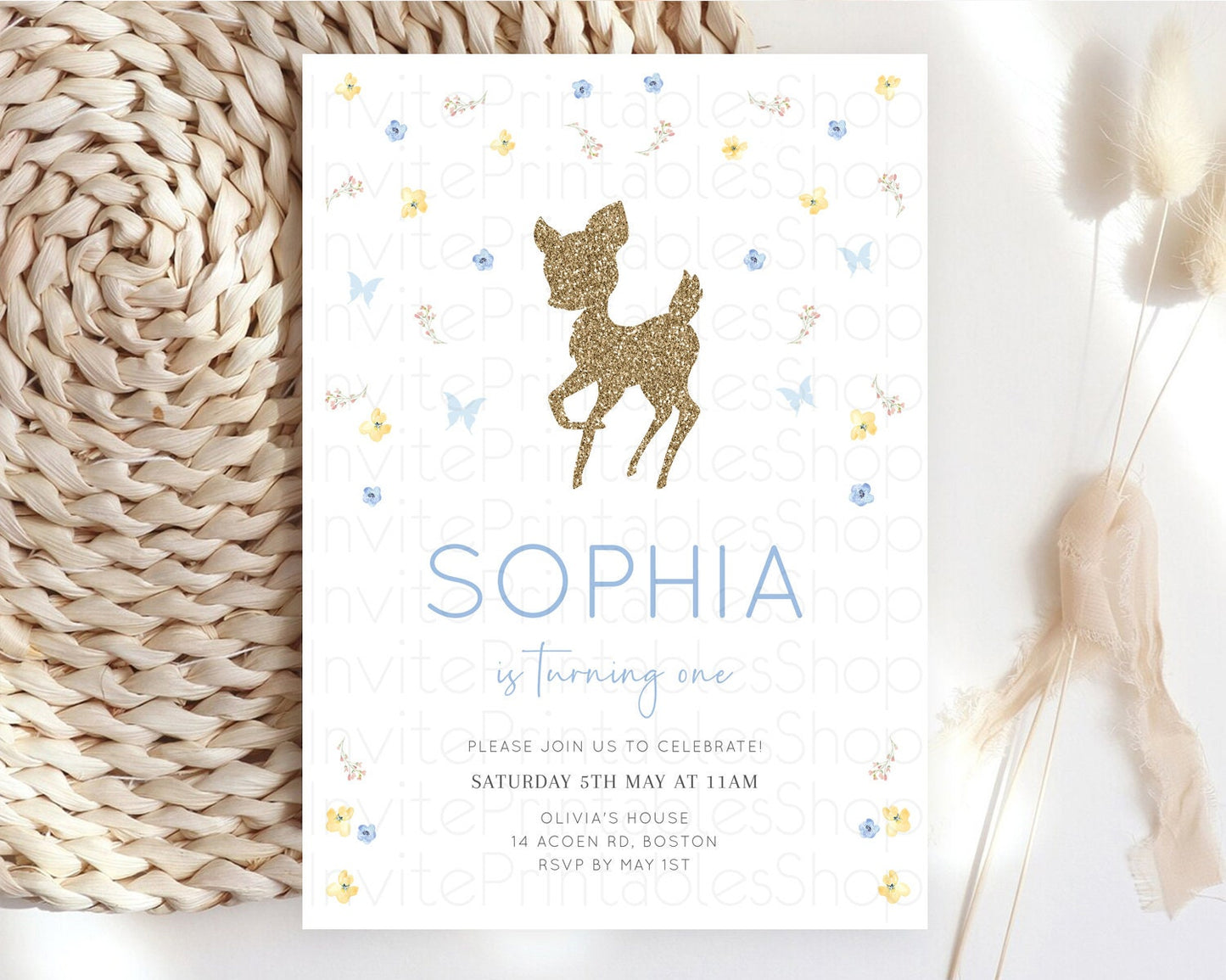 Fawn Birthday Invitation Deer Birthday Invitation Enchanted Forest Party Butterfly Pastel Flowers Whimsical 2nd 1st First Birthday D10360