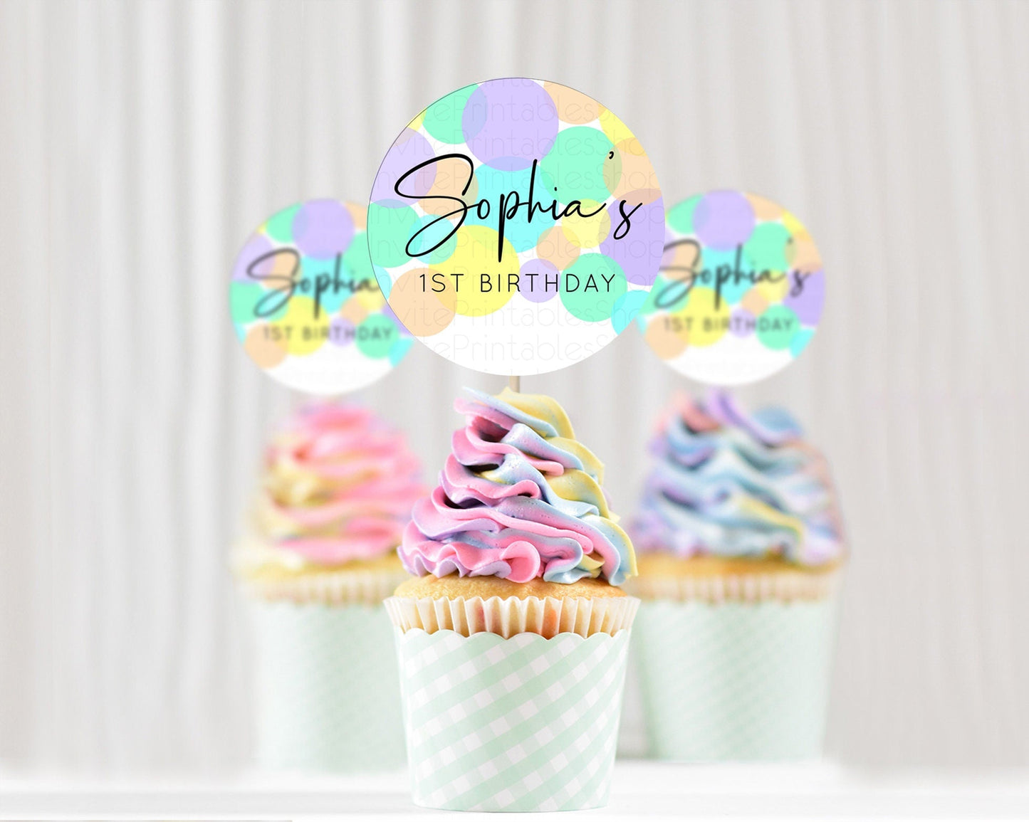 Pastel Cupcake Toppers Pastel Confetti Cupcake Topper Bubbles Sprinkles Colorful Rainbow Confetti Cupcake First Birthday Party Decor D10412