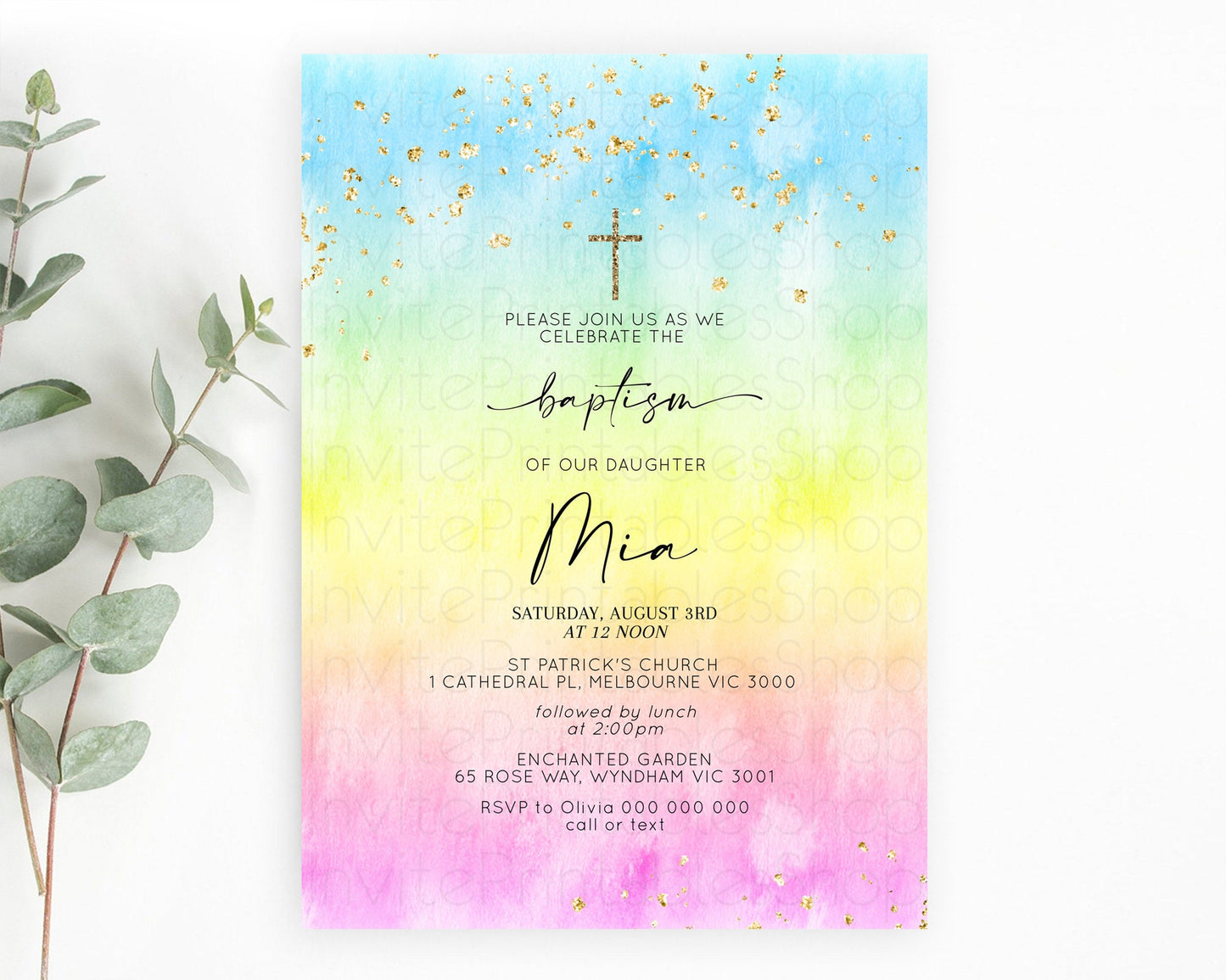 Pastel Baptism Invitation Pastel Colors Watercolor Baptism 1st Birthday Party Gold Ombre Pastel Rainbow Christening Holy Communion D10483