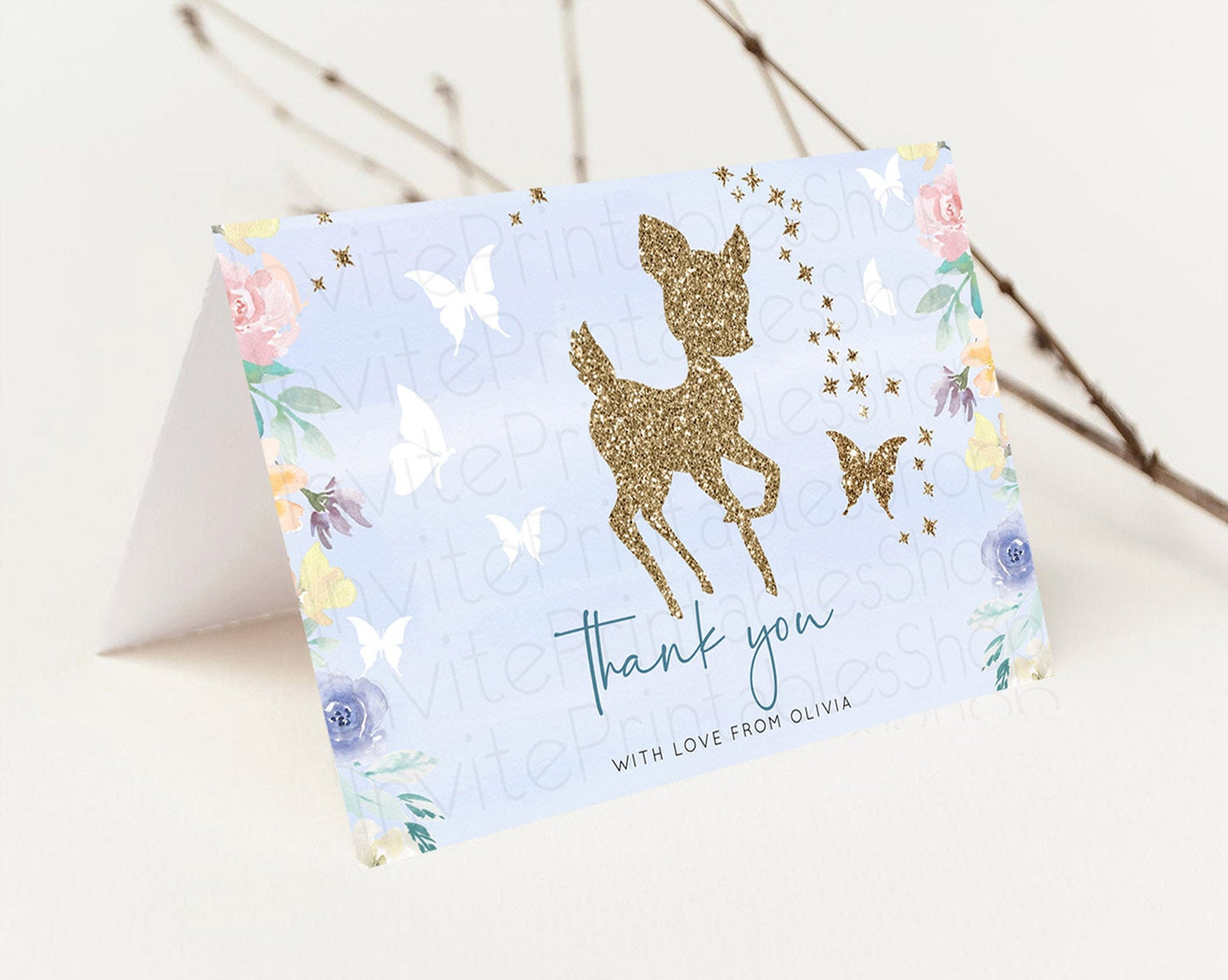 Fawn Thank You Deer Thank You Card Pastel Floral Deer Birthday Thank You Card Enchanted Forest Butterfly Deer Teacher Thank You Card D10879