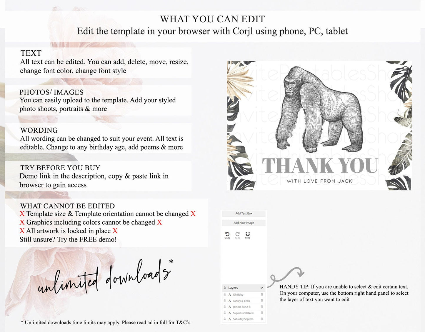 Gorilla Thank You Gorilla Thank You Card Gorilla Party Birthday Thank You Card Safari Card Template Gorilla Teacher Thank You Cards D10825