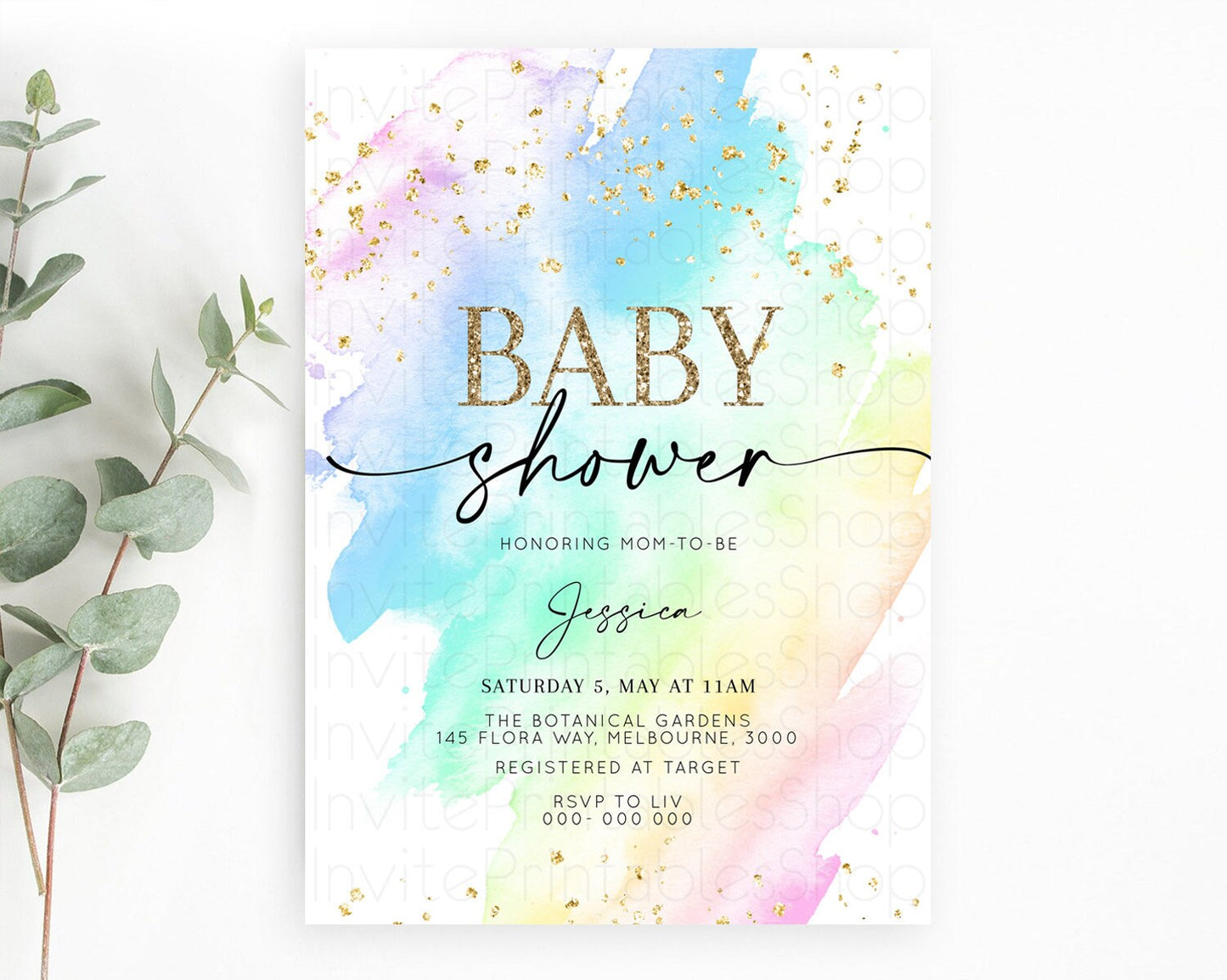 Pastel Baby Shower Invitation Rainbow Baby Shower Invitation Colorful Pastel Watercolor Invitation Gold Glitter Sprinkles Ombre D10640