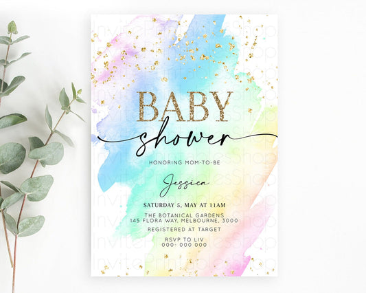 Pastel Baby Shower Invitation Rainbow Baby Shower Invitation Colorful Pastel Watercolor Invitation Gold Glitter Sprinkles Ombre D10640