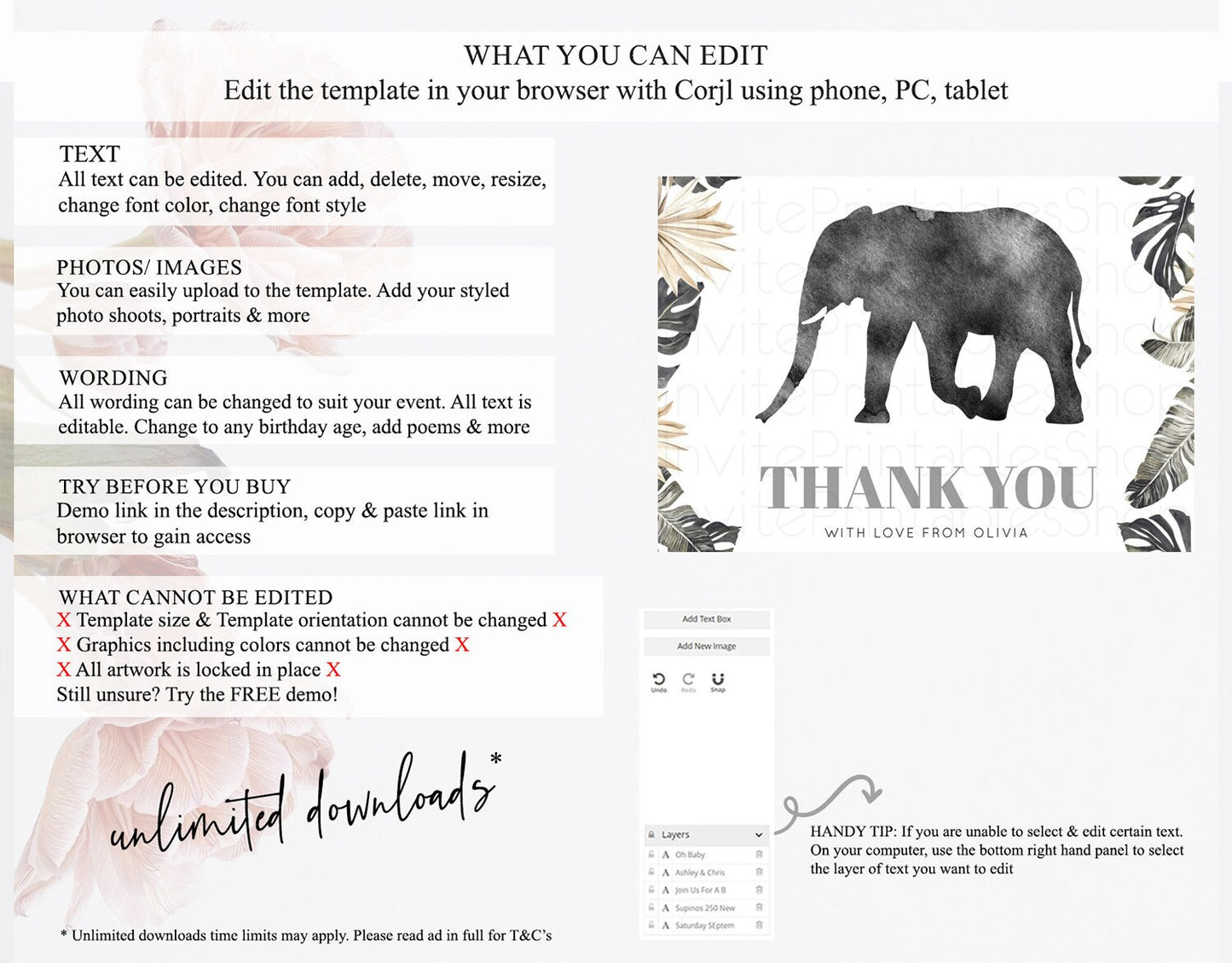 Pastel Elephant Thank You Rainbow Elephant Thank You Card Colorful Rainbow Birthday Thank You Pastel Teacher Thank You Card Template D10803