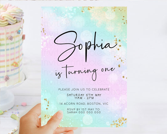 Pastel Birthday Invitation Ombre Watercolor Birthday Invitation Glitter Rainbow Color Splash 1st 2nd 3rd Birthday Invitation D23108