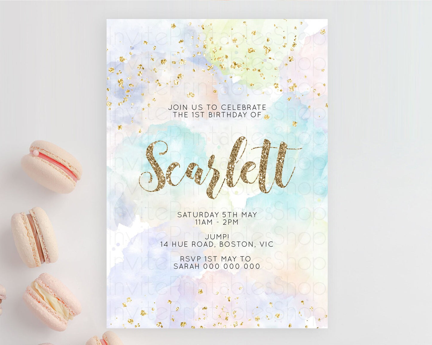 Rainbow Birthday Invitation Colorful Pastel Watercolor Invitation Gold Glitter Sprinkles Ombre Pastel 1st 2nd 3rd Birthday D10614