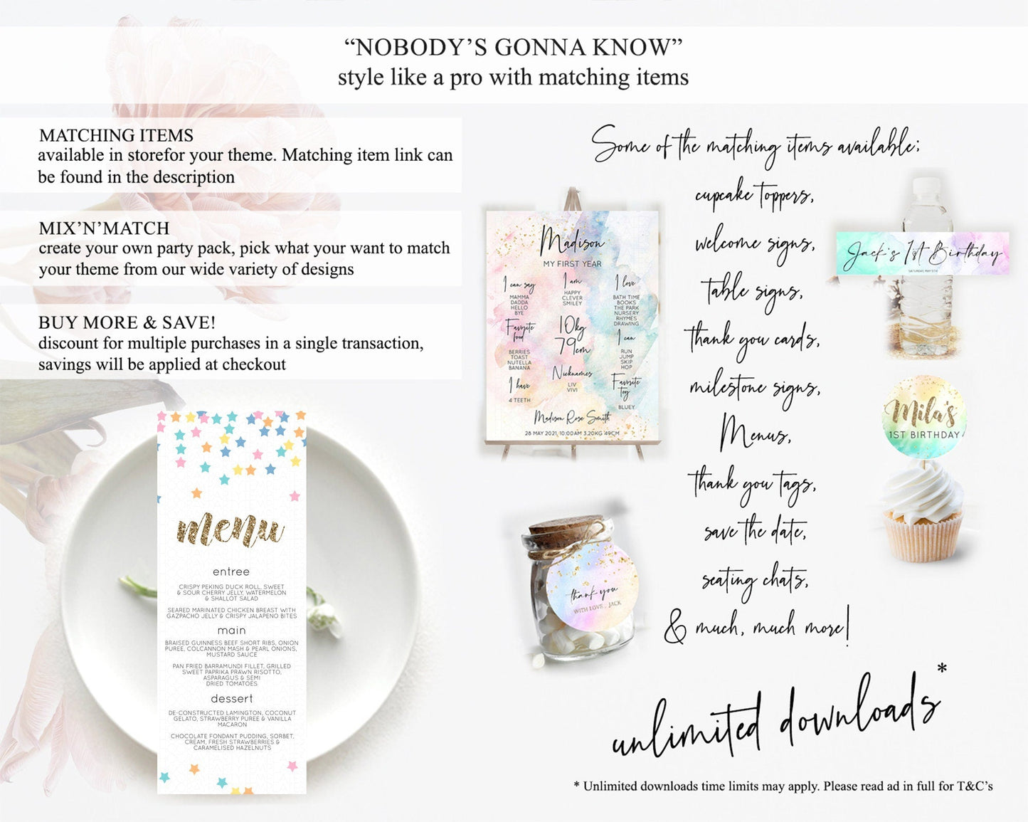 Star Menu Template Pastel Stars Menu Shooting Star Twinkle Little Star Decor Rainbow Colorful Confetti Dinner Dessert Food Menu D10298