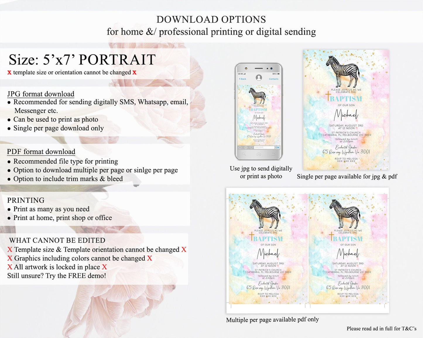 Pastel Zebra Baptism Invitation Watercolor Zebra Baptism 1st Birthday Invitation Rainbow Zebra Christening Invite Colorful Safari D10281
