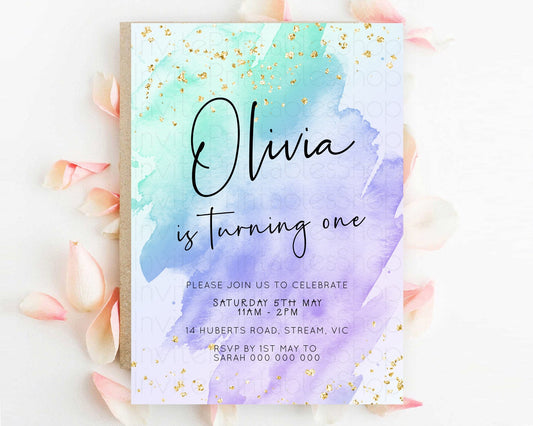 Pastel Birthday Invitation Ombre Watercolor Birthday Invitation Glitter Rainbow Color Splash 1st 2nd 3rd Birthday Invitation D23057