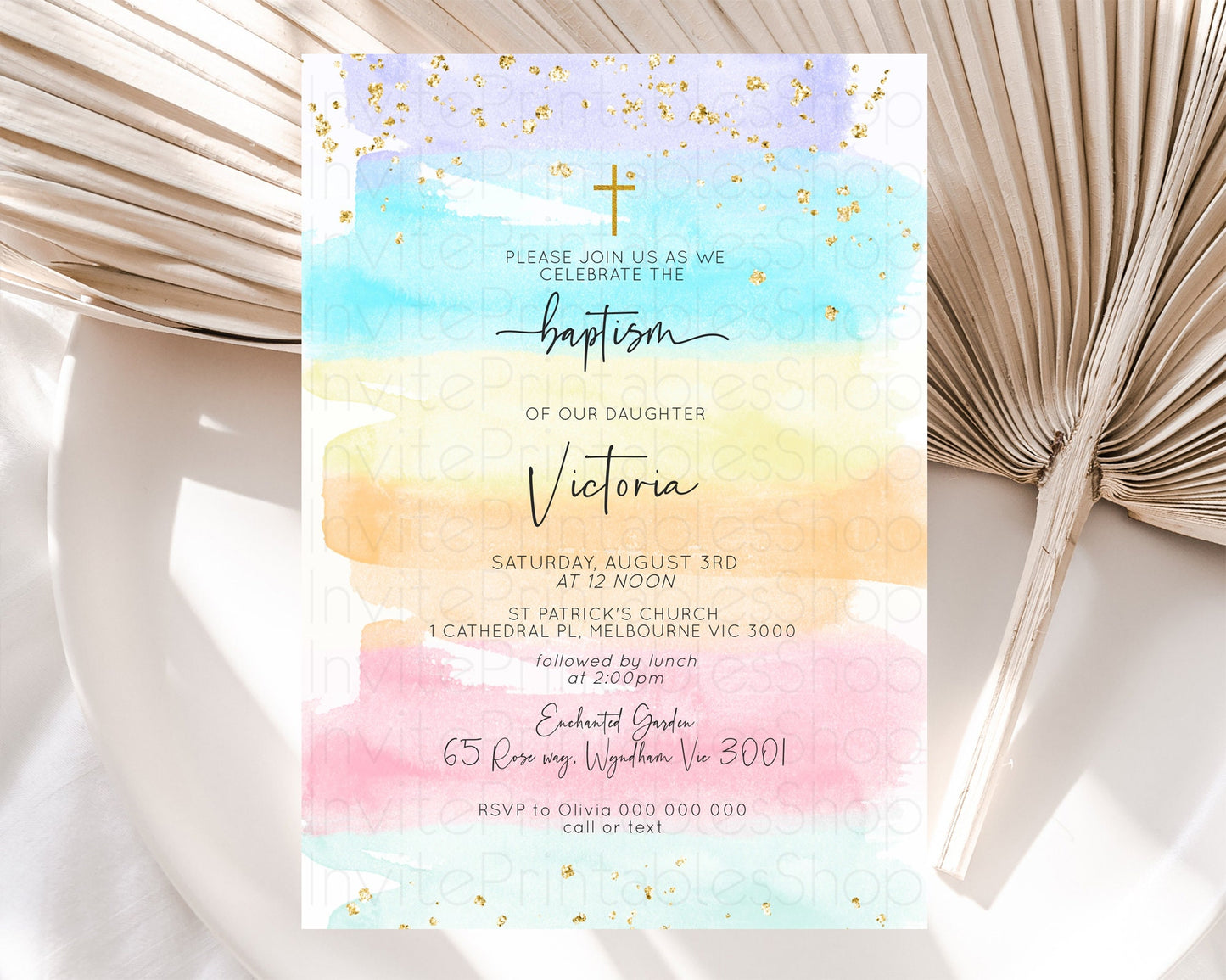 Pastel Baptism Invitation Pastel Colors Watercolor Baptism 1st Birthday Party Gold Ombre Pastel Rainbow Christening Holy Communion D10505