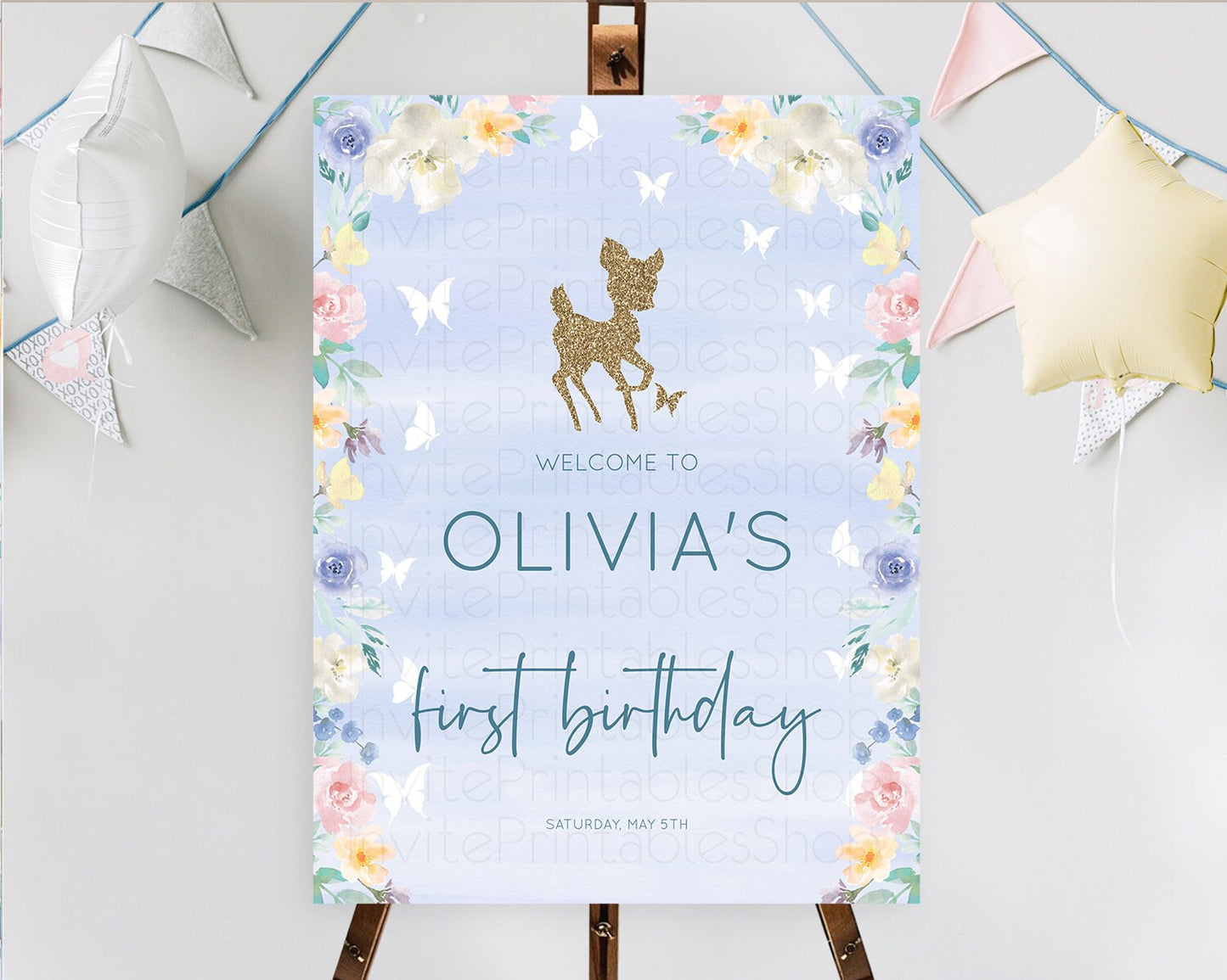 Fawn Welcome Sign Deer Welcome Board Floral Deer Welcome Poster Enchanted Forest Butterfly Pastel Floral First Birthday Welcome Sign D10879