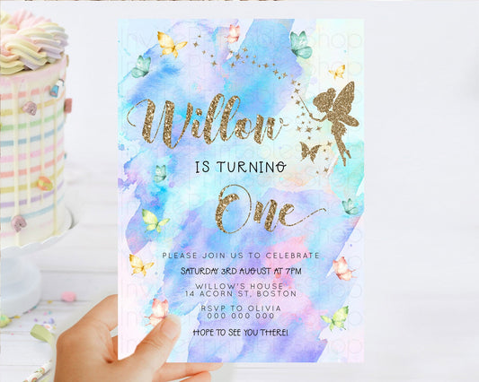 Pastel Fairy Birthday Invitation Pastel Butterflies Fairy Birthday Invitation Rainbow Ombre Watercolor 1st 2nd Birthday Invitation D23339