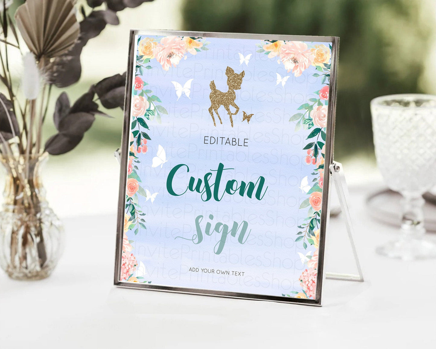 Fawn Deer Sign Pastel Floral Deer Table Sign Decor Enchanted Forest Butterfly Party 1st Birthday Baptism Baby Shower Bridal Shower D10875