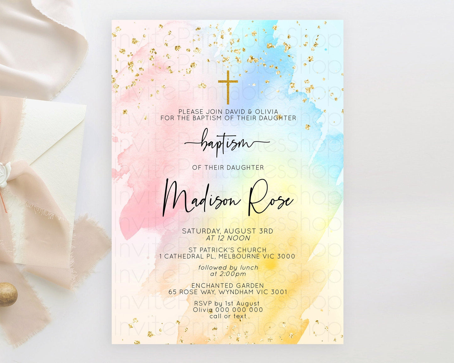 Pastel Baptism Invitation Pastel Colors Watercolor Baptism 1st Birthday Party Gold Ombre Pastel Rainbow Christening Holy Communion D10557