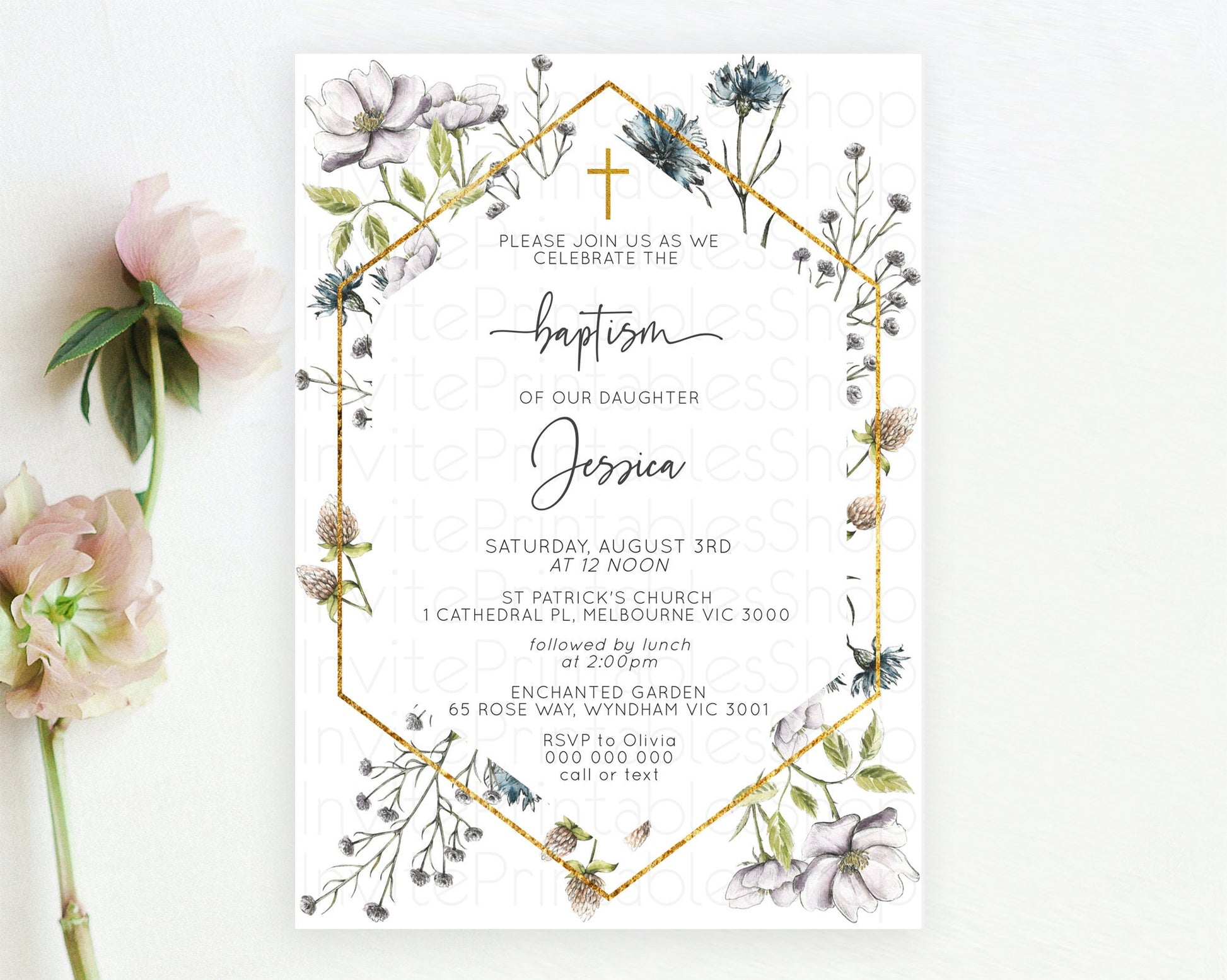 Editable Secret Garden Baptism Invitation Wildflower Baptism Birthday Invite
