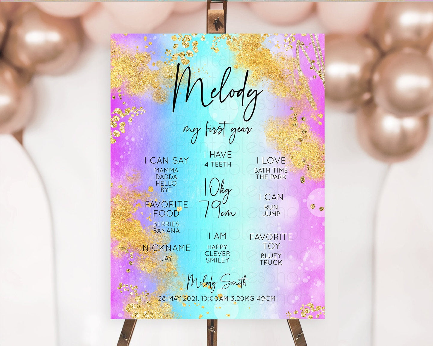 Pastel First Birthday Milestone Board Pastel Rainbow Milestone Poster Colorful Confetti Watercolor Glitter 1st Birthday Welcome Sign D10564