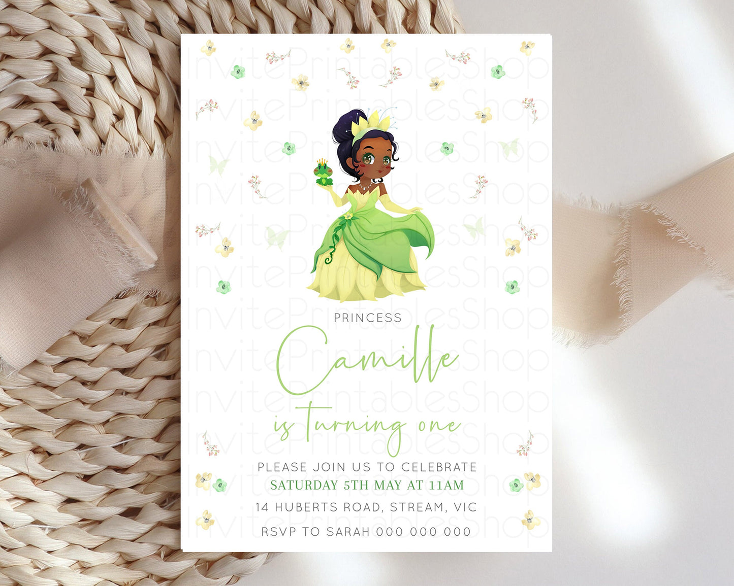 Princess Tiana Birthday Invitation Enchanted Castle Rose Garden Pastel Flowers Confetti Floral Sprinkles Colorful 1st 2nd 3rd Birthday