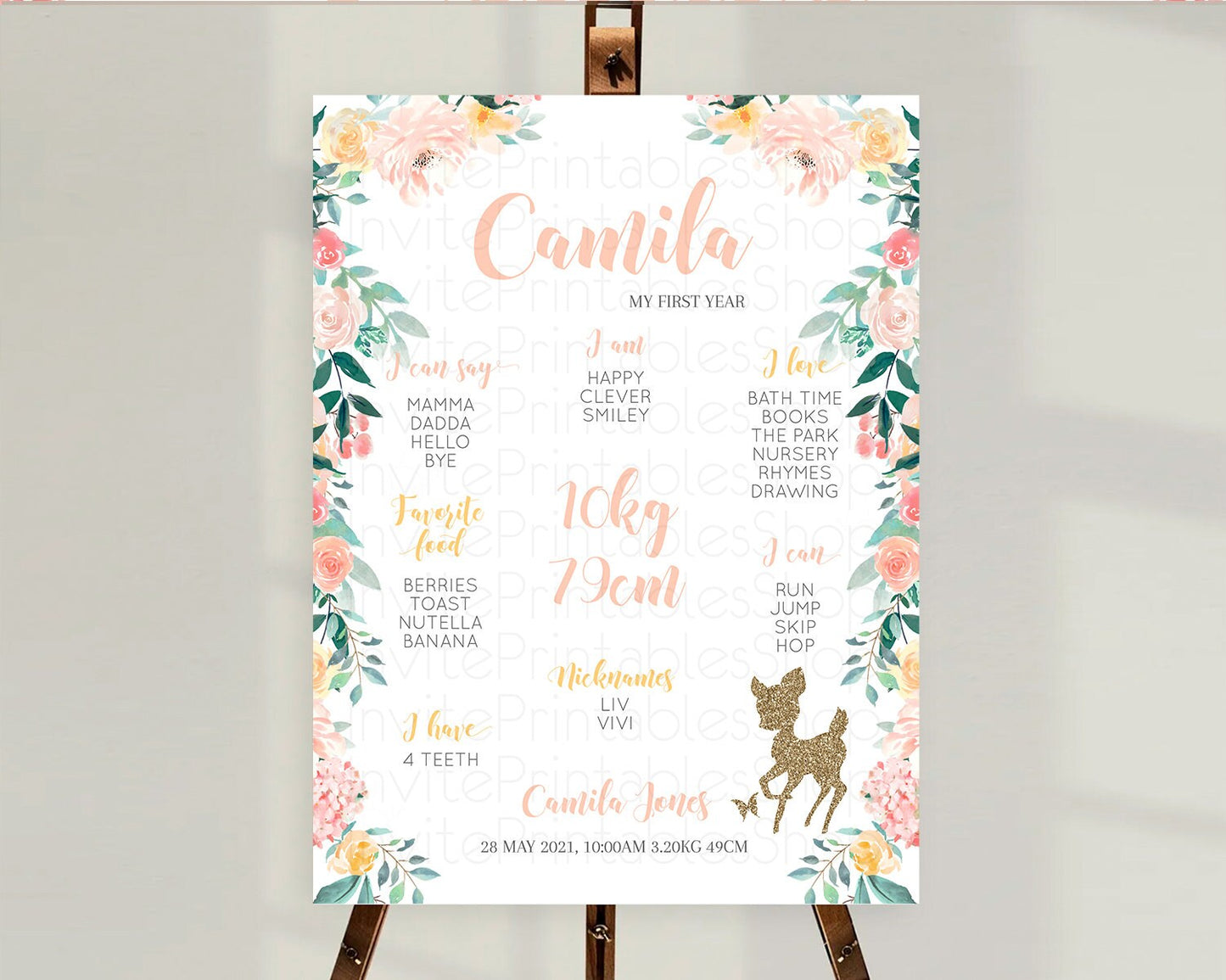 Fawn First Birthday Milestone Board Deer First Birthday Milestone Poster Enchanted Forest Butterfly Pastel Flowers 1st Birthday Sign D10874