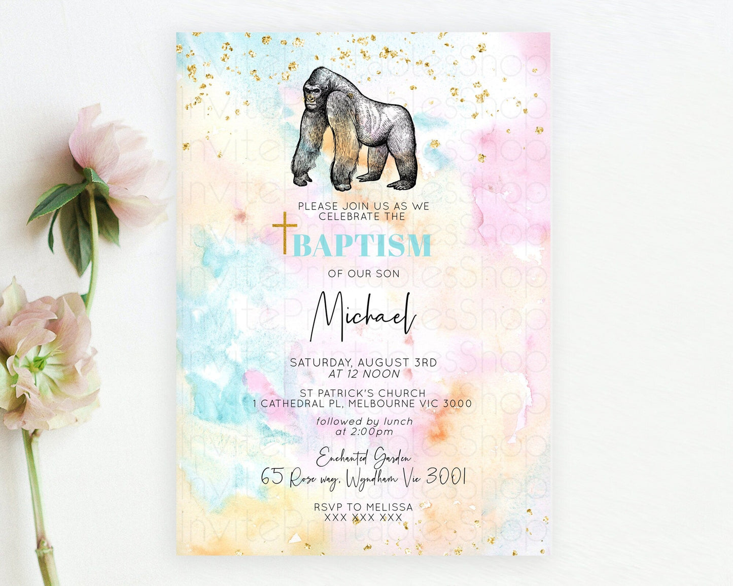 Pastel Gorilla Baptism Invitation Ombre Gorilla Baptism 1st Birthday Invitation Rainbow Watercolor Safari Christening Invitation D10284
