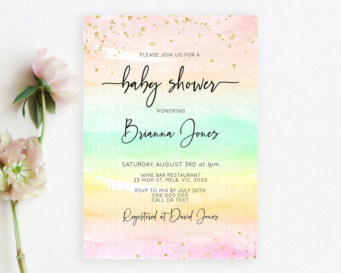 Pastel Baby Shower Invitation Rainbow Baby Shower Invitation Colorful Pastel Watercolor Invitation Gold Glitter Sprinkles Ombre D10591