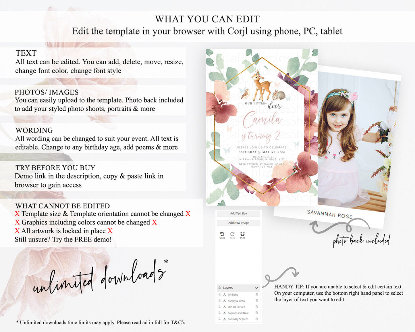 Fawn Birthday Invitation Deer Birthday Invitation Enchanted Forest Party Butterfly Pastel Flowers Whimsical 2nd 1st First Birthday D10913