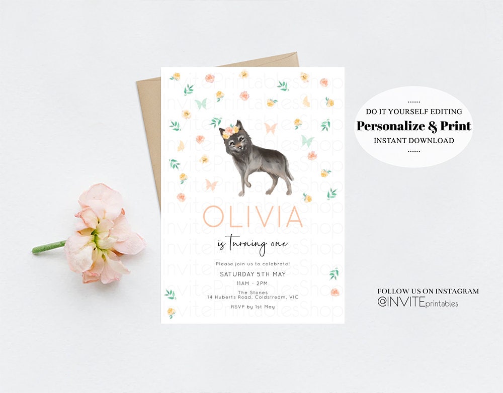 Wolf Invitation Wolf Birthday Invite Grey Baby Wolf Tribal Boho Pink Pastel Flower Crown Confetti Floral Garden Custom Invite