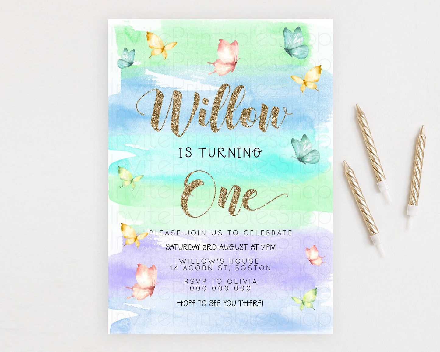 Pastel Butterfly Birthday Invitation Butterfly Birthday Invitation Colorful Splash Glitter Butterfly Garden 1st 2nd Birthday D23227