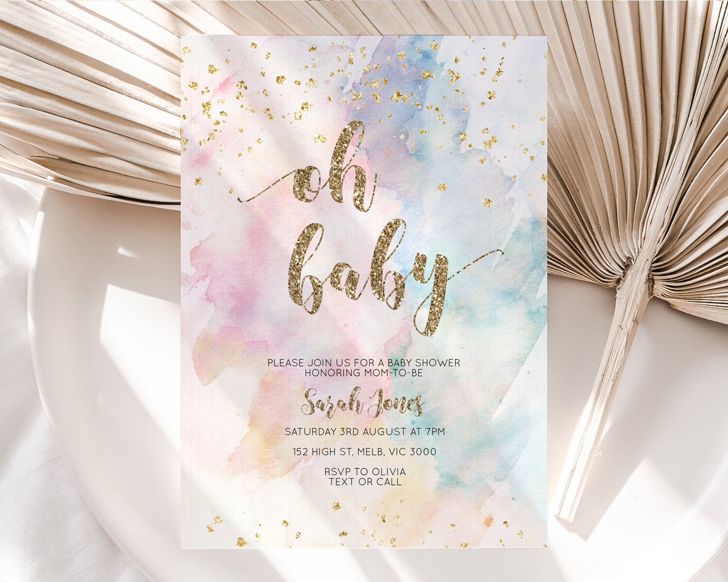 Rainbow Baby Shower Invitation Pastel Baby Shower Invitation Watercolor Ombre Invitation Rainbow Pastel Colors Invite Glitter Confetti 276