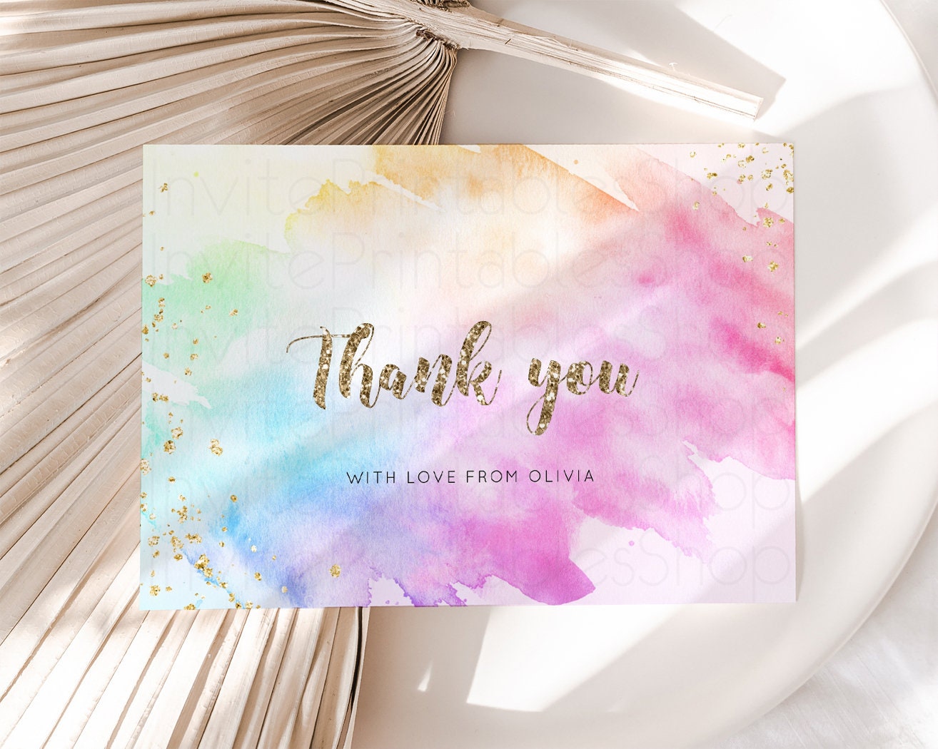 Pastel Rainbow Thank you Colorful Watercolor Folded Gift Cards Custom Note Message Glitter Birthday Engaged Baby Shower Wedding Guests g504