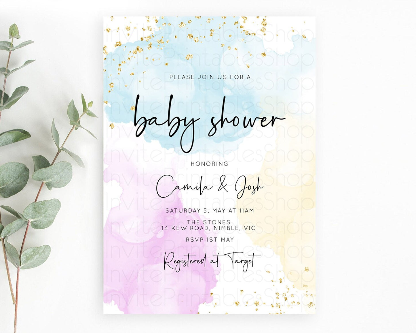 Pastel Baby Shower Invitation Rainbow Baby Shower Invitation Colorful Pastel Watercolor Invitation Gold Glitter Sprinkles Ombre D10155