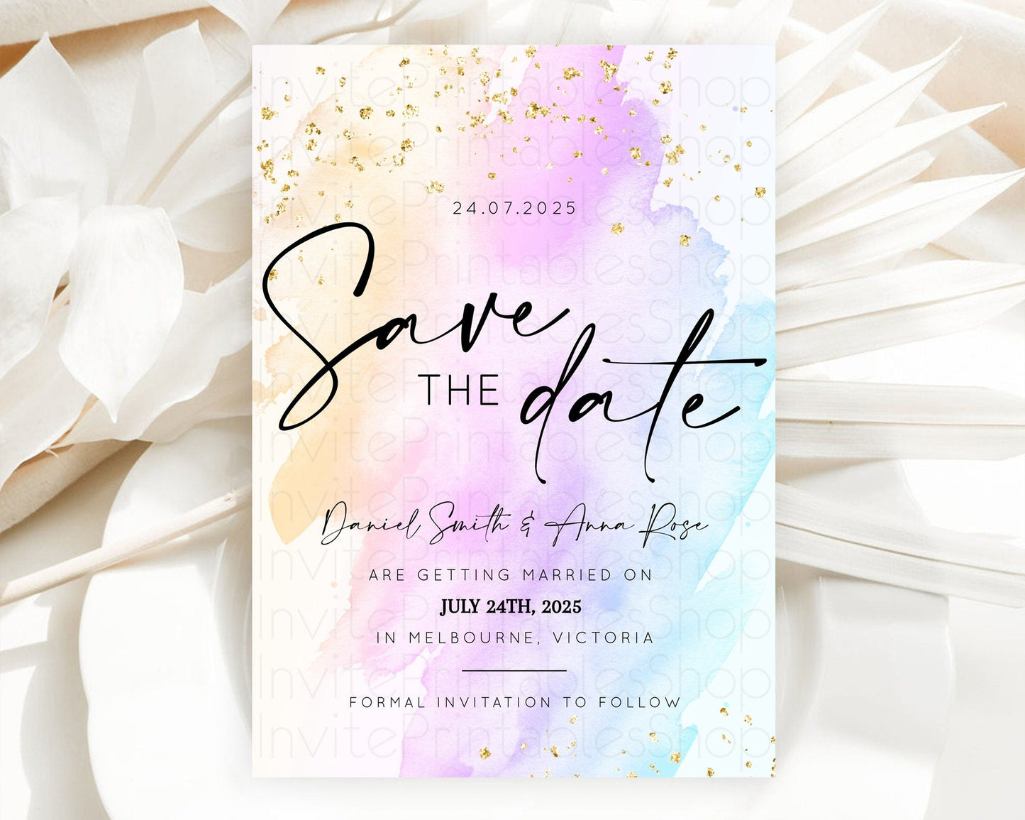 Pastel Save The Date Template Pastel Ombre Rainbow Watercolor Colorful Party For Birthday Baptism Baby Shower Wedding Bridal Shower D10175