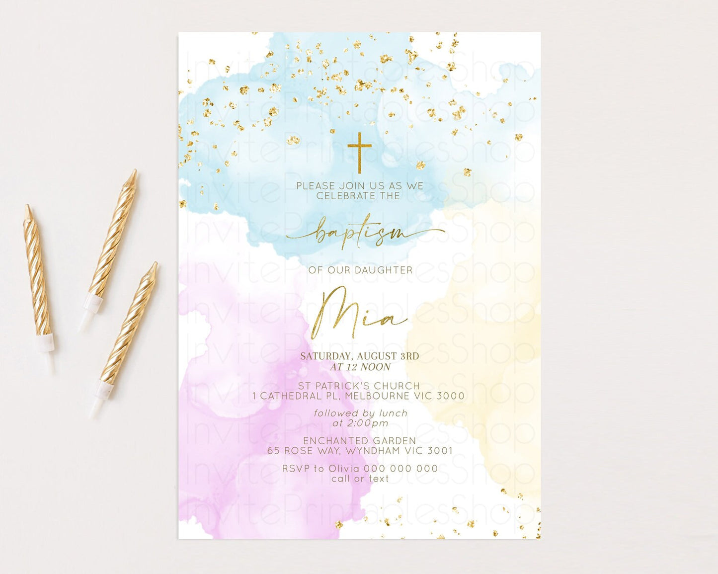 Rainbow Baptism invitation Pastel Rainbow Christening Invite Ombre Watercolor Invite Gold Glitter Sprinkle Splash Cross Religious 190V2