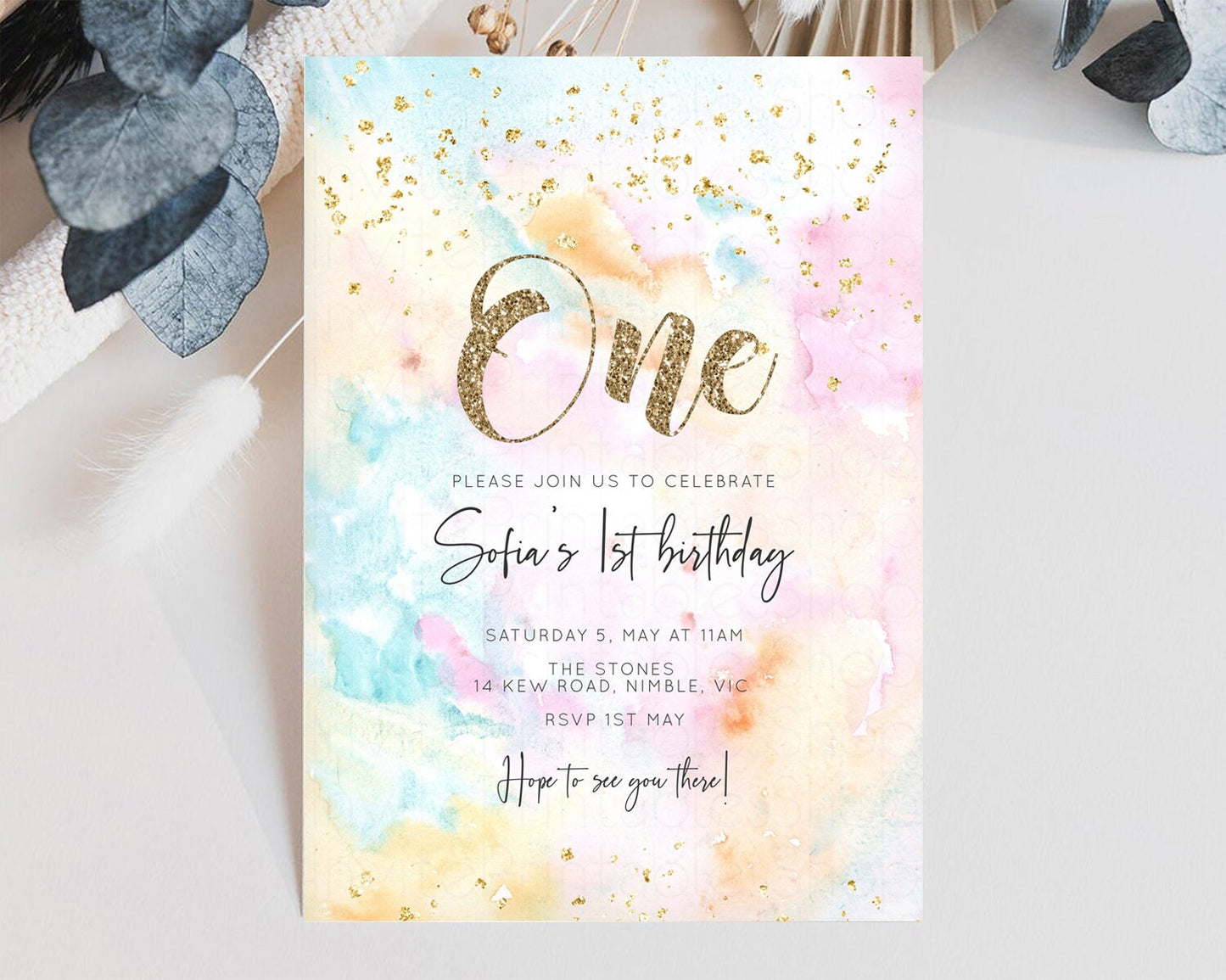 Rainbow Birthday Invitation Glitter Pastel Invitation Colorful Watercolor Gold Foil Splatter Sprinkles Ombre Glitter Invite 1st 2nd 3rd G566