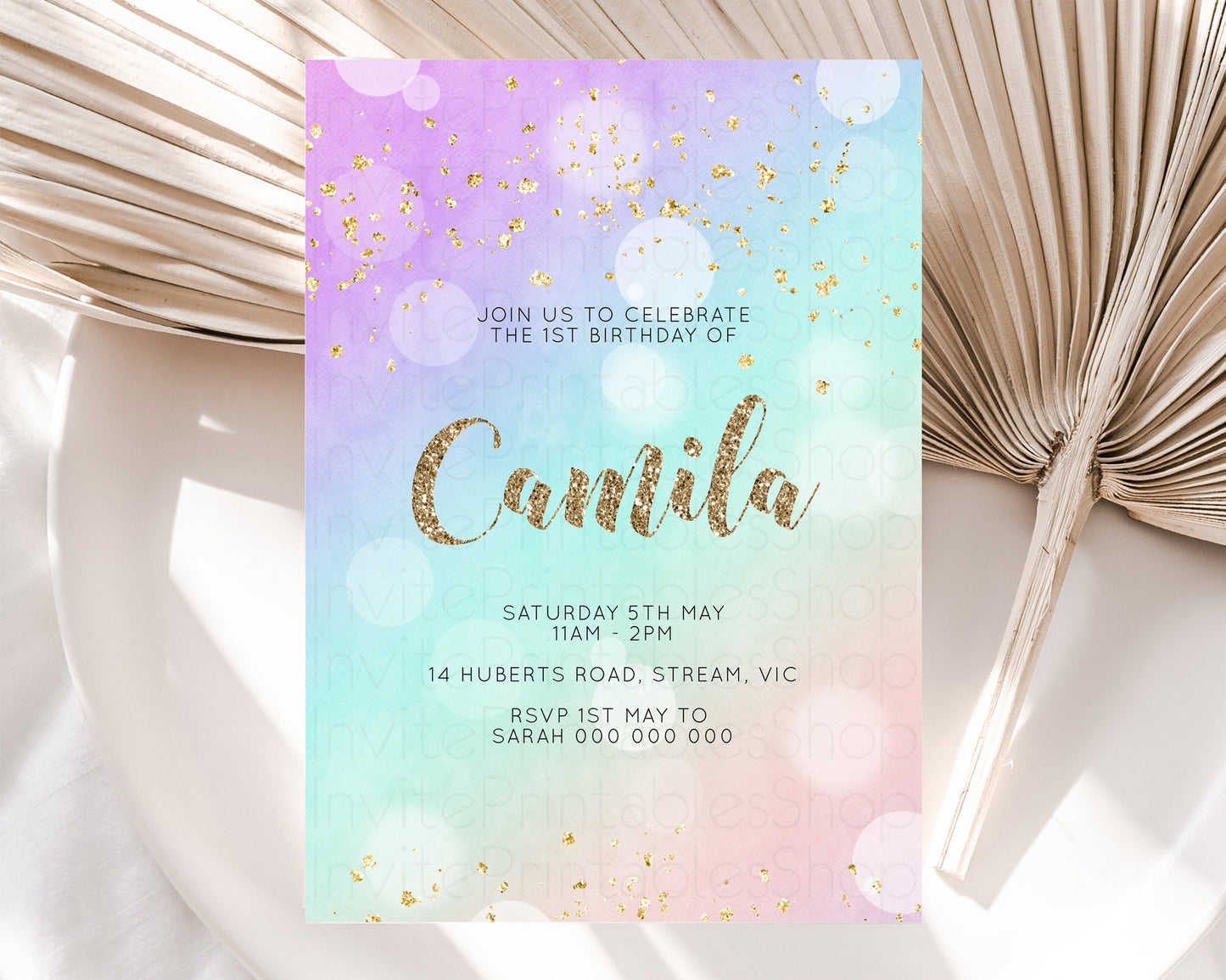 Rainbow Birthday Invitation Pastel Birthday Invite Ombre Watercolor Invite Enchanted Theme Colorful Splash Glitter Sprinkles 1st 2nd 3rd