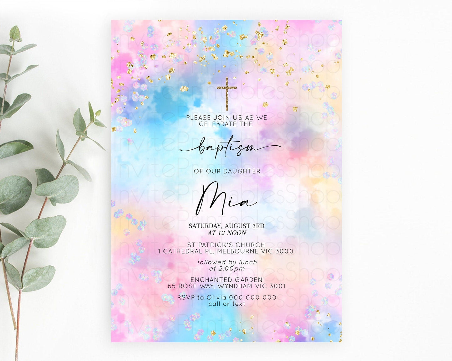 Pastel Baptism Invitation Pastel Colors Watercolor Baptism 1st Birthday Party Gold Ombre Pastel Rainbow Christening Holy Communion D10607