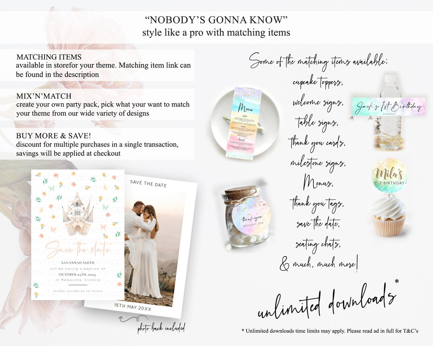 Princess Save The Date Template Secret Garden Enchanted Castle Pastel Floral Royal Party For 1st Birthday Baptism Baby Shower D10363