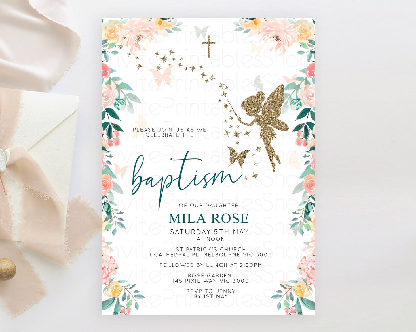 Fairy Baptism Invitation Fairy Baptism 1st Birthday Invitation Enchanted Secret Garden Christening Invite Pastel Floral Butterfly D10239