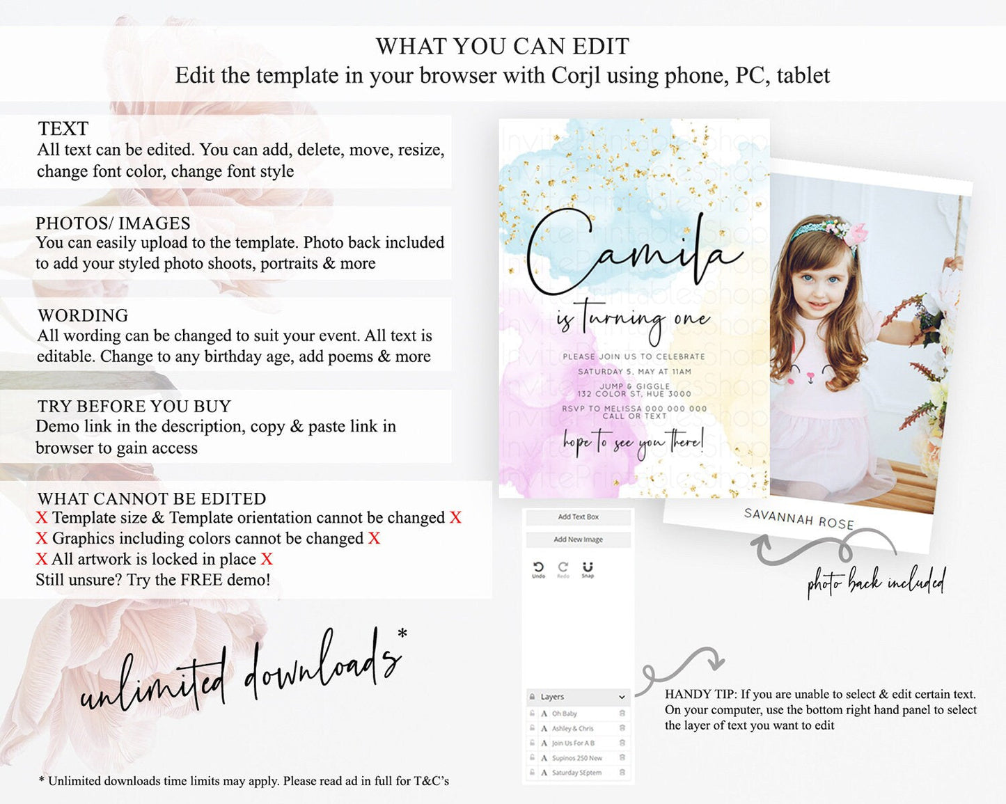Rainbow Birthday Invitation Colorful Pastel Watercolor Invitation Gold Glitter Sprinkles Ombre Pastel 1st 2nd 3rd Birthday D10155