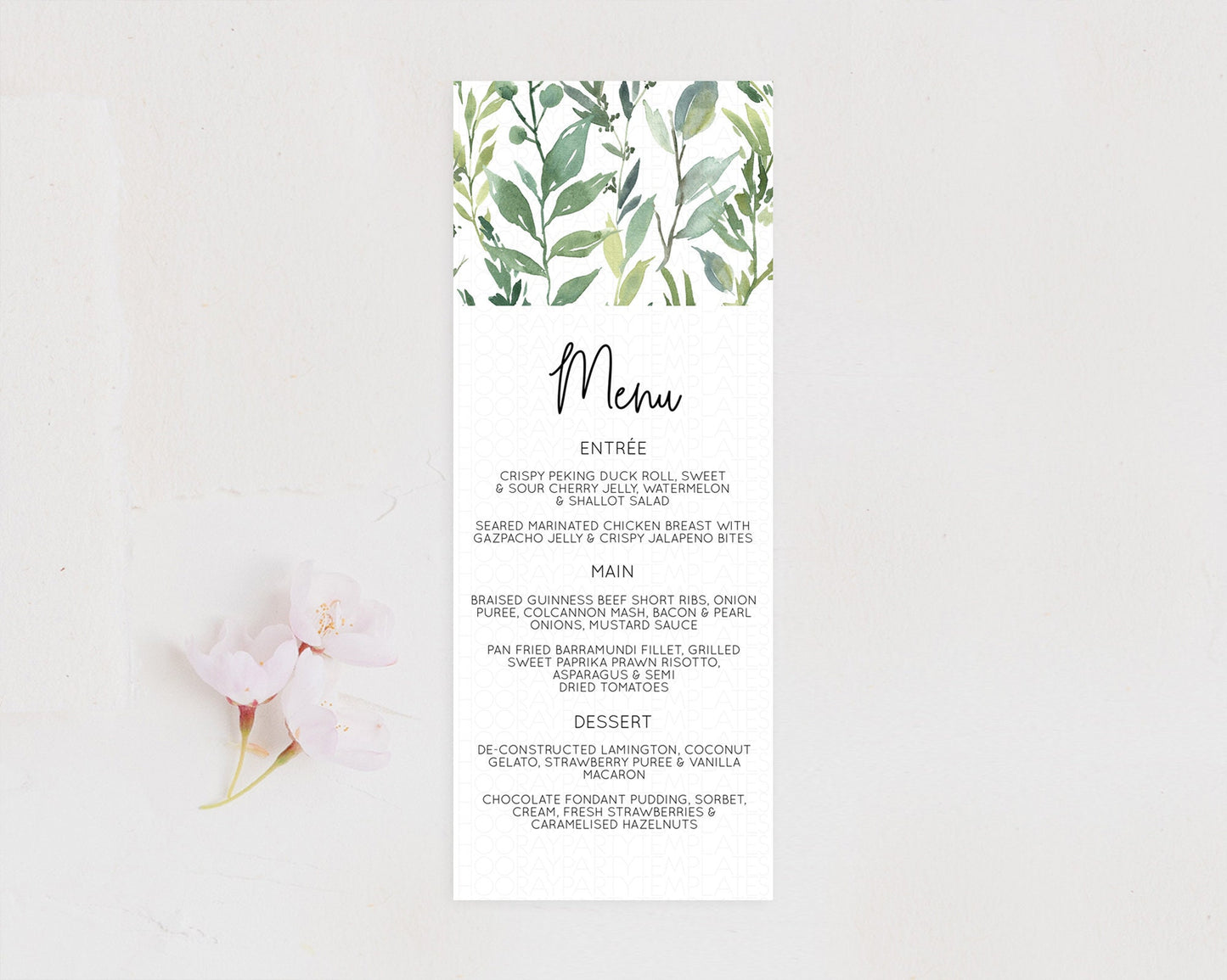 Leafy Menu Green Leaf Menu Template Eucalyptus Fern Leaves Decor Watercolor Boho Garden Leaf Branch Dinner Dessert Party Food Menu D10964