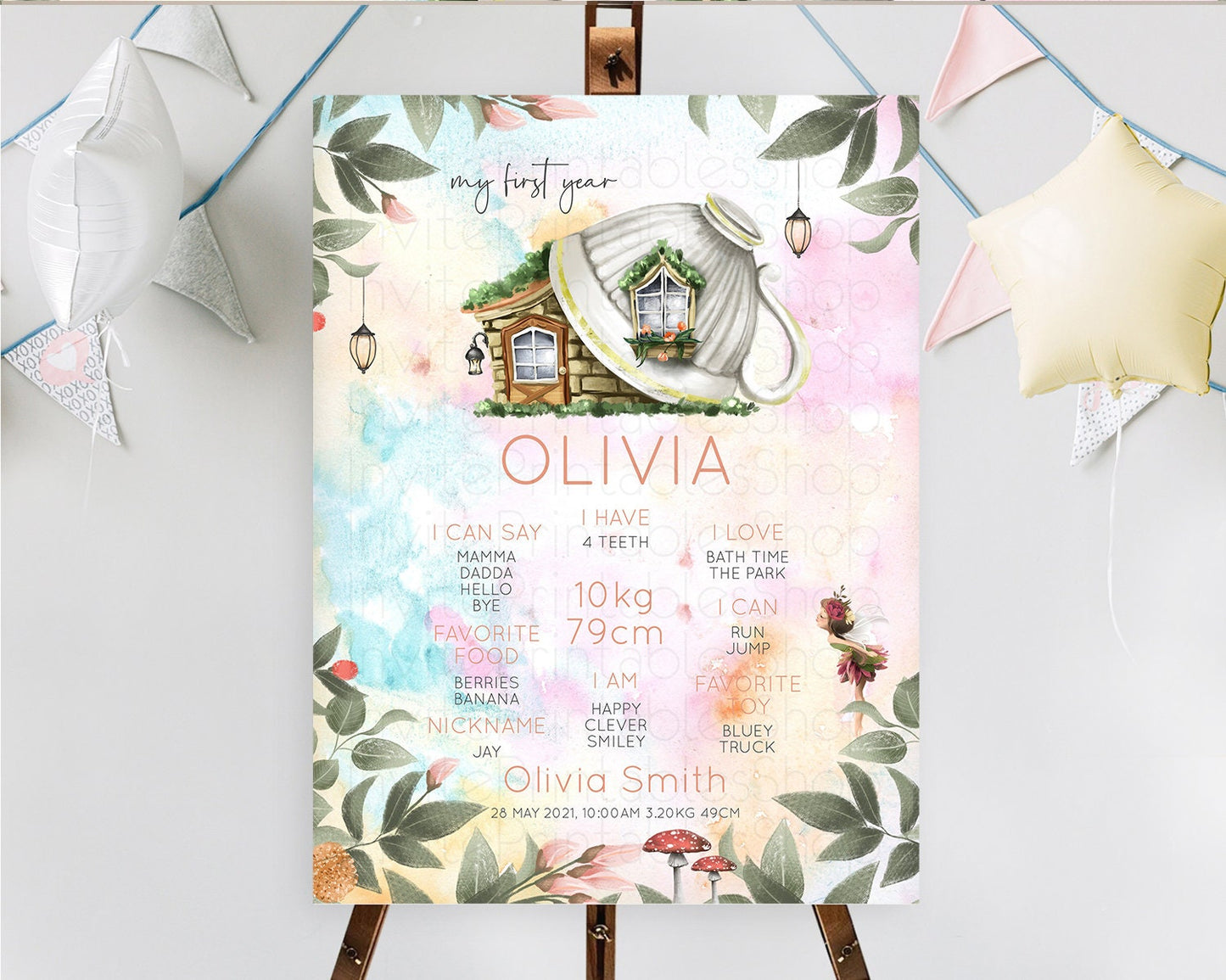 Fairy First Birthday Milestone Poster Fairy Secret Garden Milestone Board Enchanted Garden Pastel Floral Butterfly 1st Birthday Sign D10555