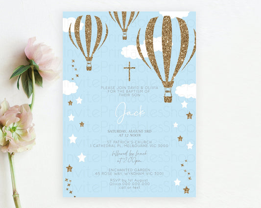 Hot Air Balloon Baptism Invitation Hot Air Balloon Baptism Birthday Invitation Adventure Awaits Up Up Away Glitter Blue Watercolor D10332