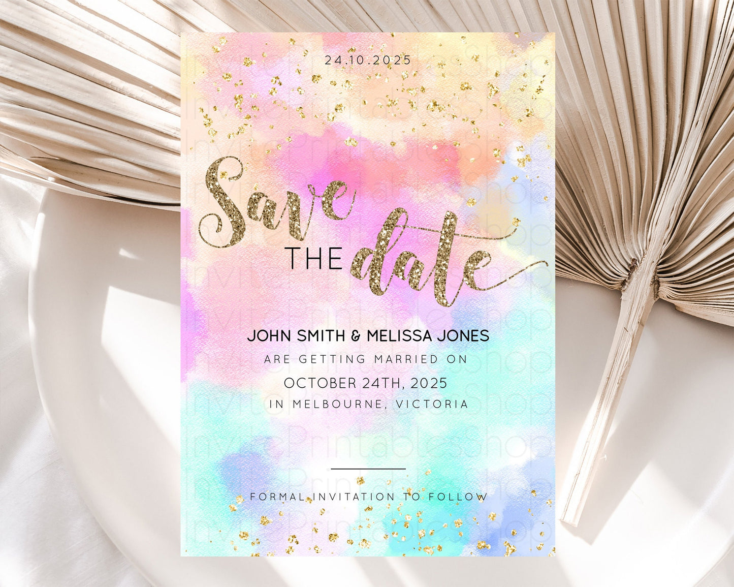 Pastel Save The Date Template Pastel Ombre Rainbow Watercolor Colorful Party For Birthday Baptism Baby Shower Wedding Bridal Shower D10669