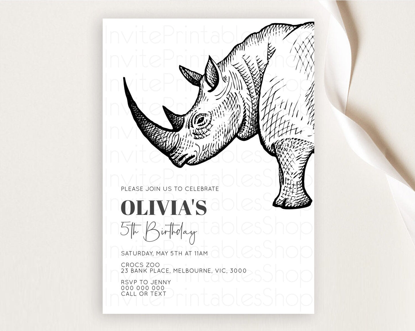 Rhino Birthday Invitation Rhino Invitation Rhino Birthday Rhino Safari Adventure Invite Rhino Palm Leaf Invite Zoo Party D10253