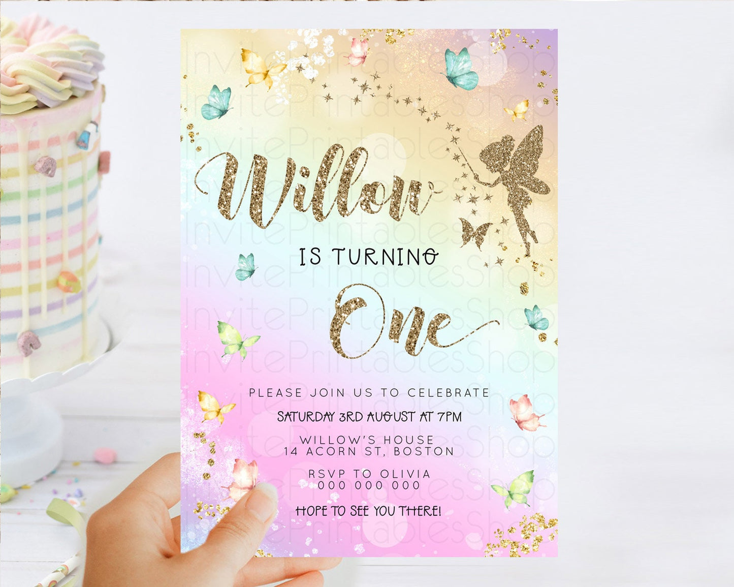Pastel Fairy Birthday Invitation Pastel Butterflies Fairy Birthday Invitation Rainbow Ombre Watercolor 1st 2nd Birthday Invitation D23155