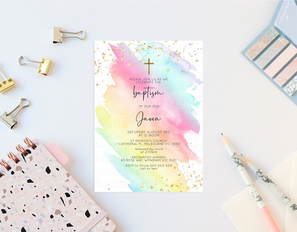 Rainbow Baptism Invite Pastel Invite Rainbow Pastel Invite Rainbow Christening Invite Glitter Gold Cross Invite Watercolor invite T518