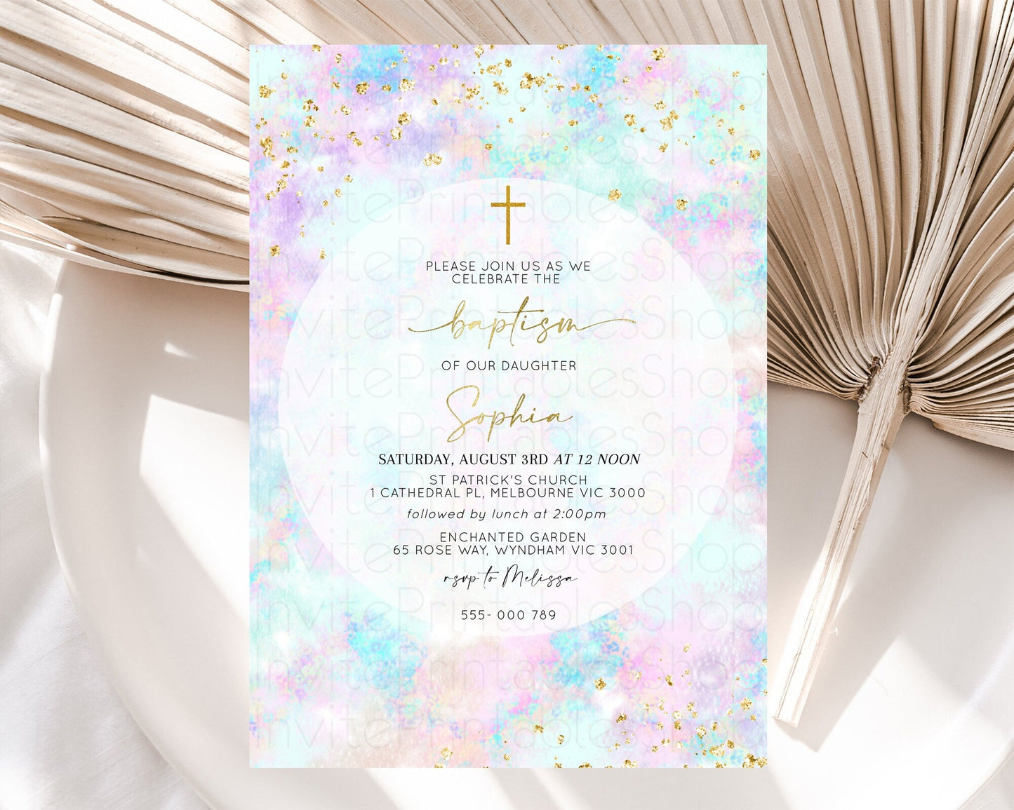 Pastel Baptism Invitation Pastel Colors Watercolor Baptism 1st Birthday Party Gold Ombre Pastel Rainbow Christening Holy Communion D10652