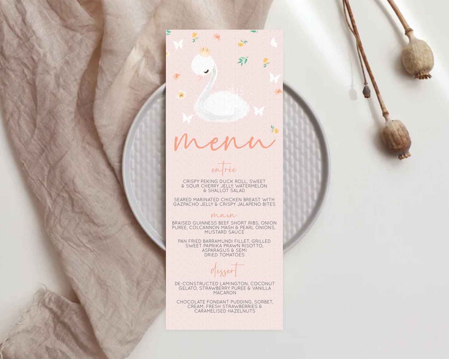 Swan Menu Swan Princess Ballet Menu Template Enchanted Swan Lake Table Decor Secret Garden Pastel Floral Dinner Dessert Food Menu  D10388