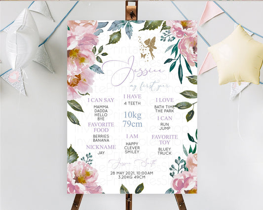 Fairy First Birthday Milestone Poster Fairy Secret Garden Milestone Board Enchanted Garden Pastel Floral Butterfly 1st Birthday Sign D10727