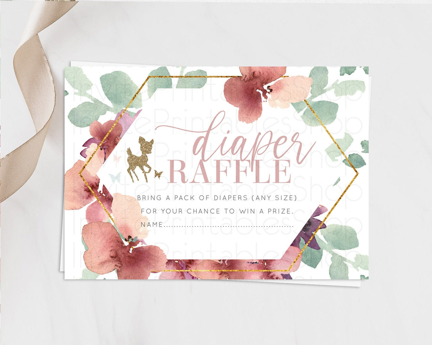 Fawn Diaper Raffle Card Deer Diaper Insert Floral Deer Diaper Ticket Enchanted Forest Butterfly Pastel Baby Shower Raffle Game D10459