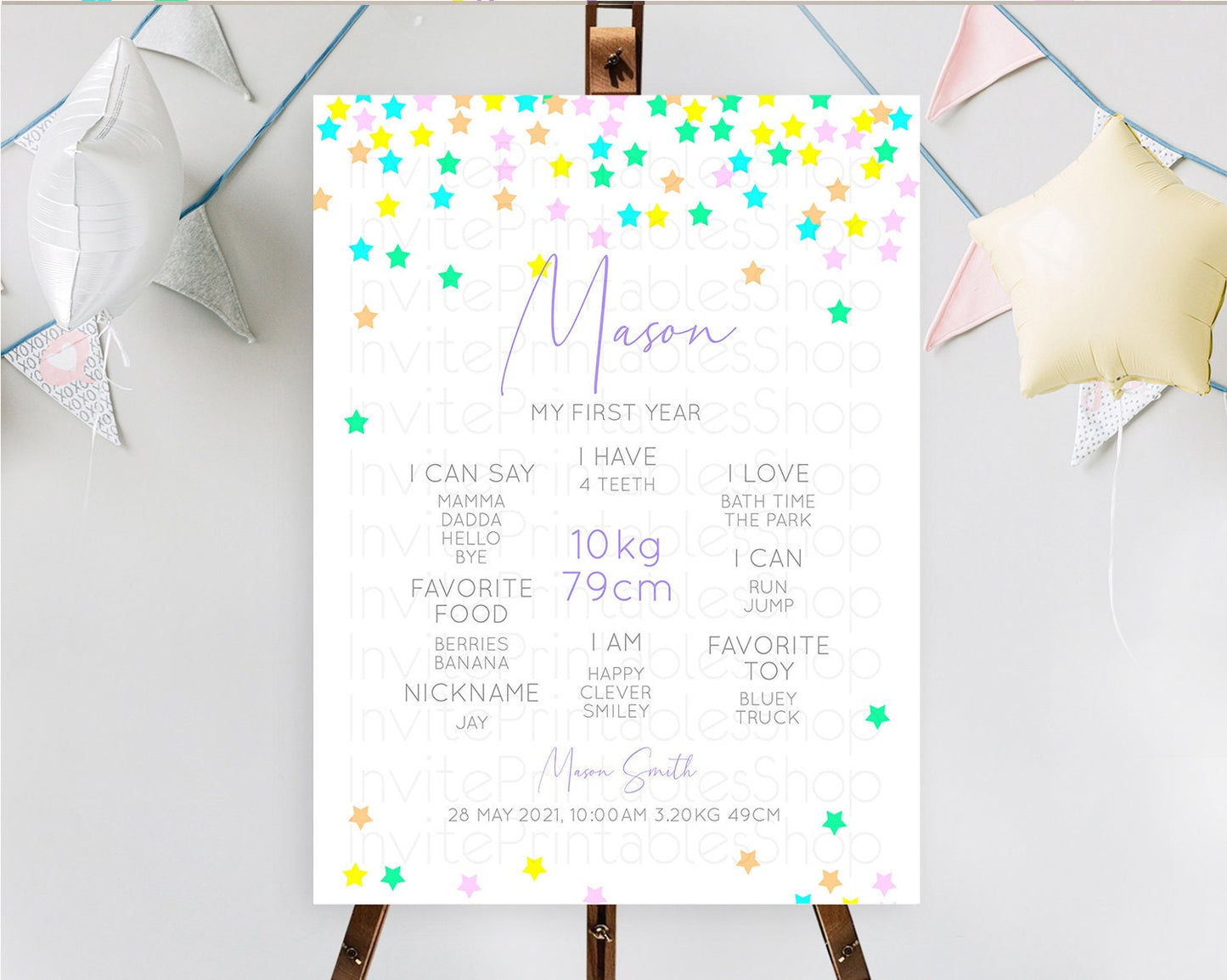 Star First Birthday Milestone Poster Pastel Stars Milestone Shooting Star Rainbow Colorful Confetti Twinkle Little Star 1st Birthday D10394